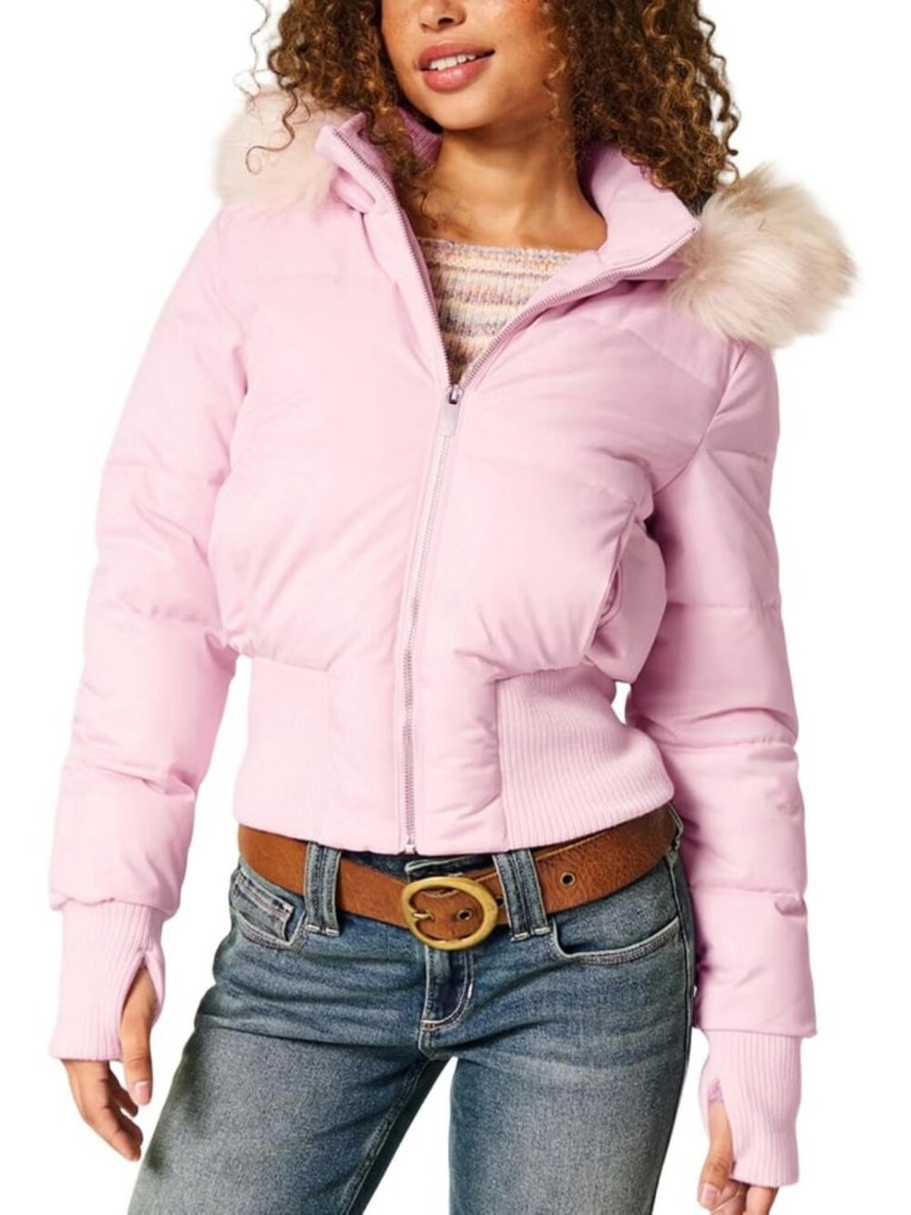 Cozy Women's Puffer Jacket with Fur Hood, Quilted Bomber, Winter Warmth, Cropped